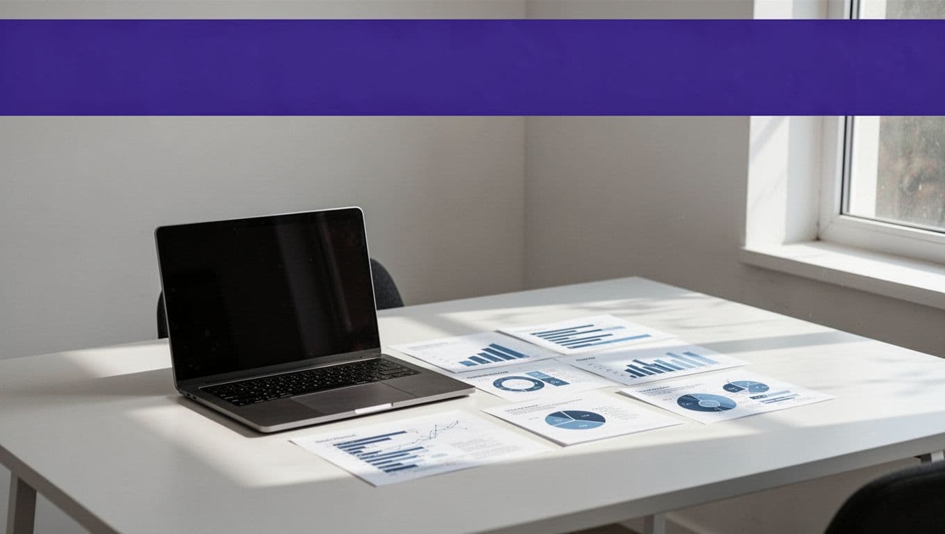 Laptop and workflow charts arranged on a desk beneath an indigo headline band.