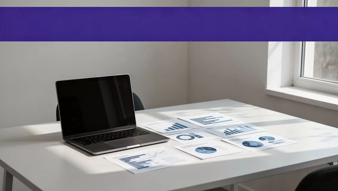 Laptop and workflow charts arranged on a desk beneath an indigo headline band.