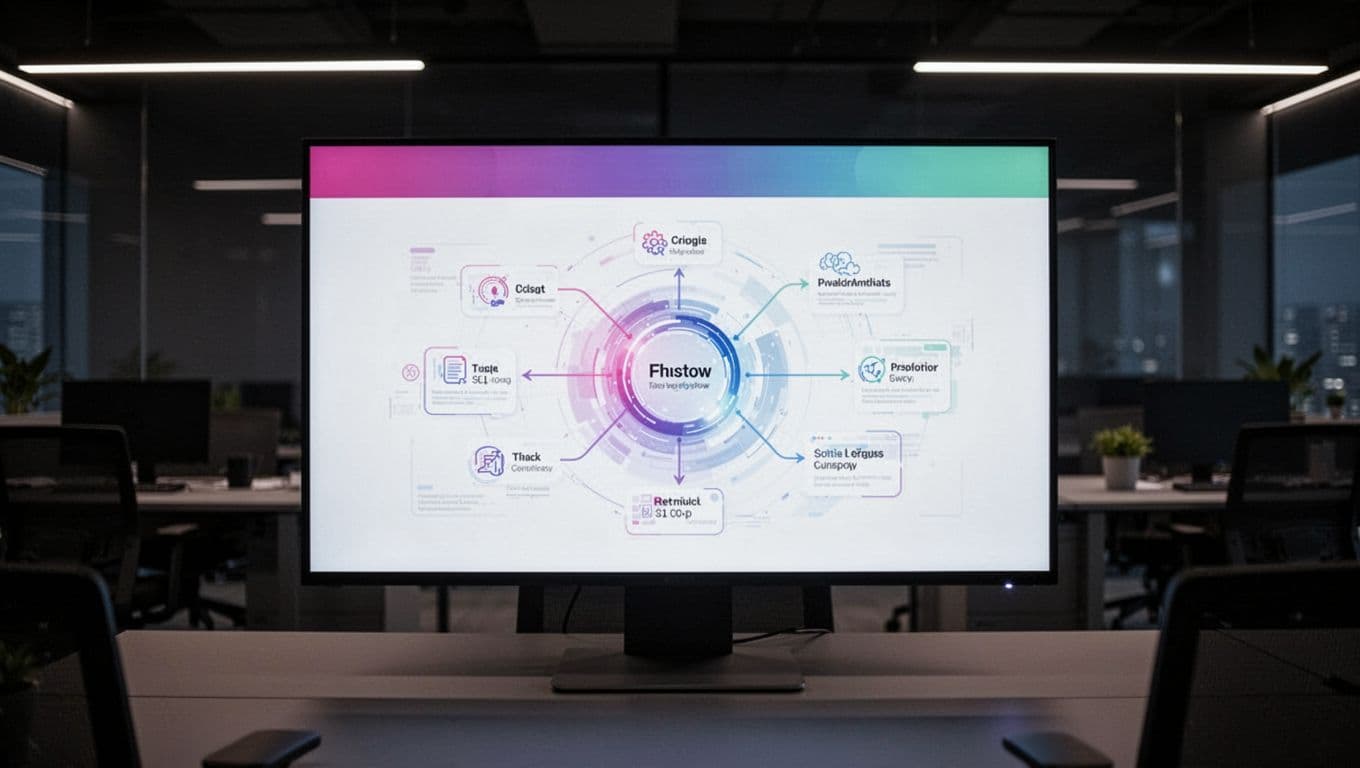 Monitor showing a digital workflow diagram in a dark modern office.