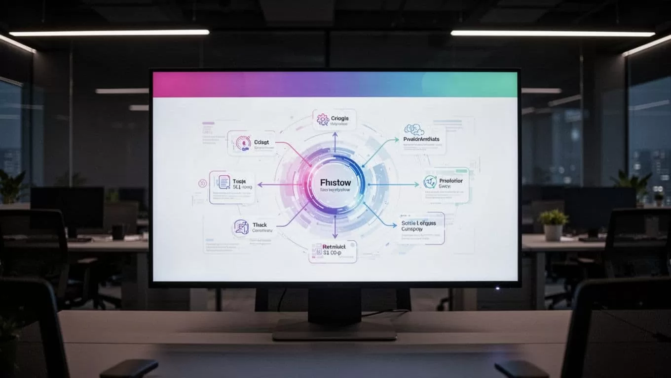 Monitor showing a digital workflow diagram in a dark modern office.