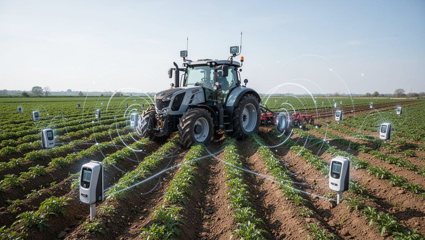 Automated farm sensors and a connected tractor in a field beneath a dark-green banner.