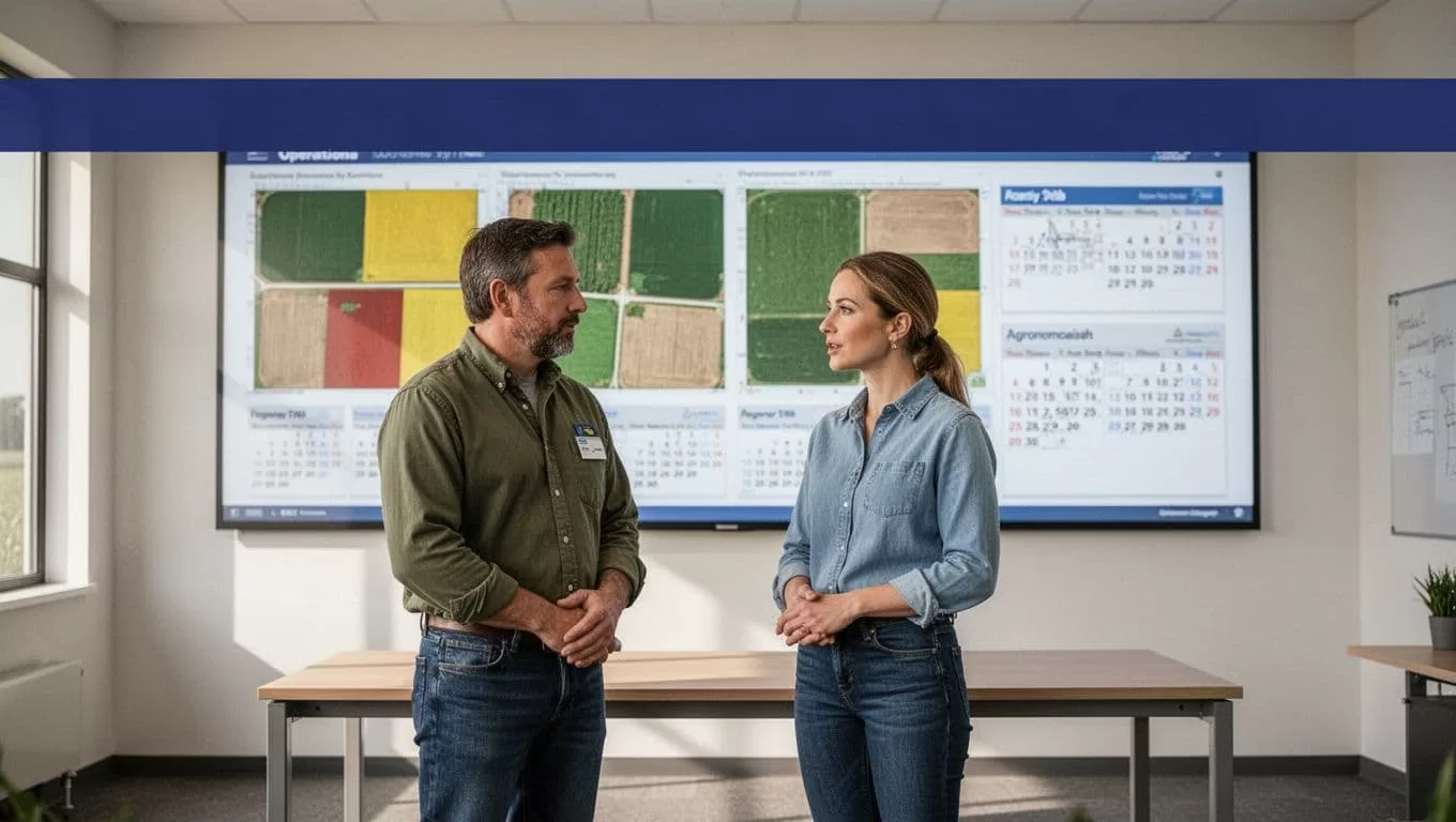Two agricultural professionals review colored crop plans on a large wall display.