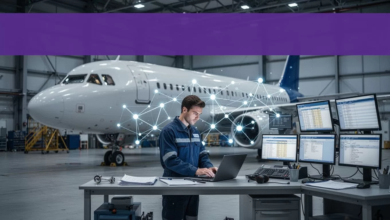 An engineer stands beside an aircraft and laptop in a maintenance hangar.