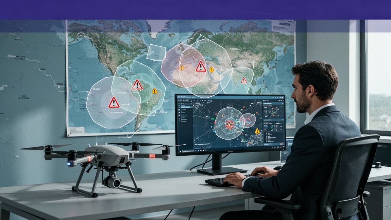 An operations manager reviews airspace restrictions beside a grounded drone.