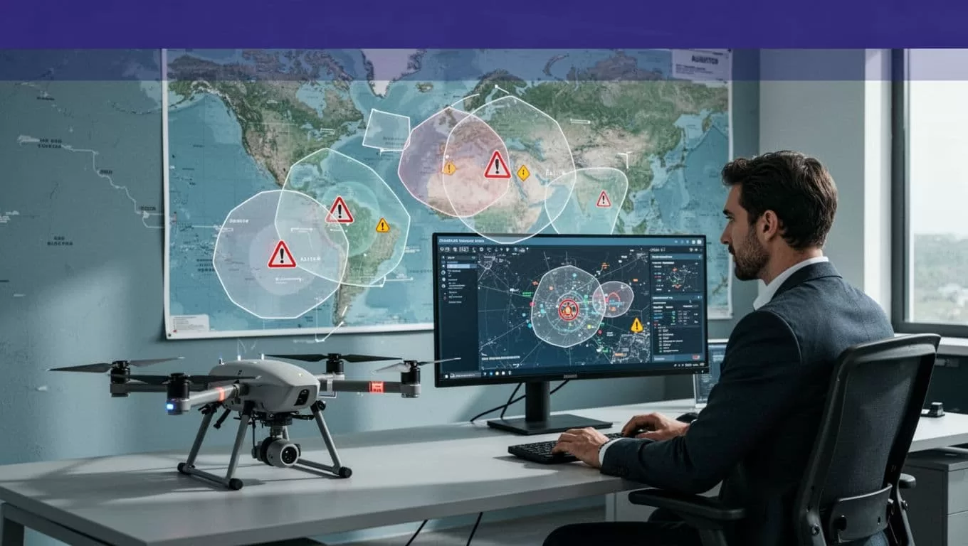 An operations manager reviews airspace restrictions beside a grounded drone.
