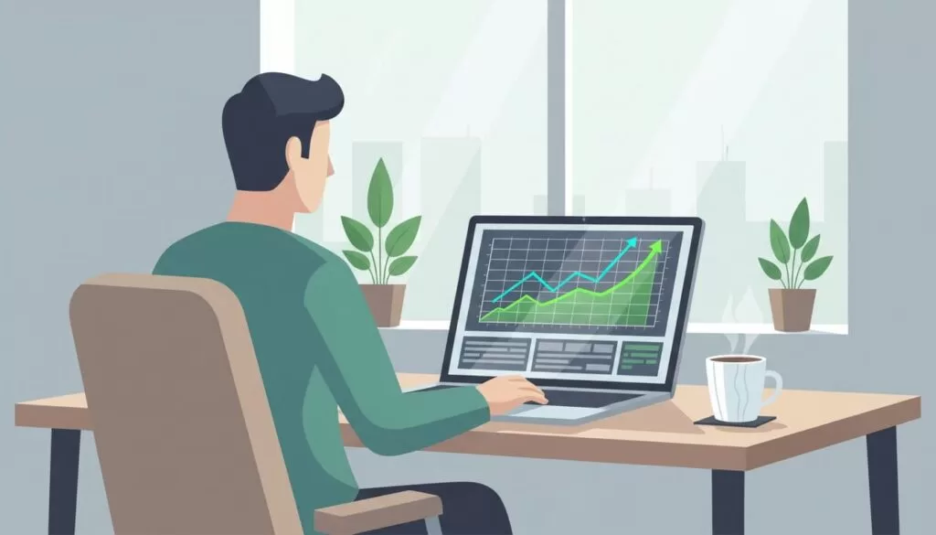 Modern illustration of a person at a desk analyzing rising trend graphs for tech startups on a laptop screen in a clean office with coffee mug nearby.