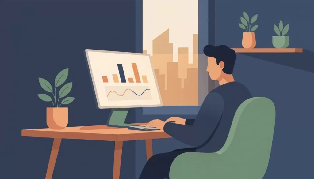 Modern illustration of a person in a home office reviewing Stripe Sigma query results for refunds on a laptop screen, with relaxed hands on keyboard and warm lighting.