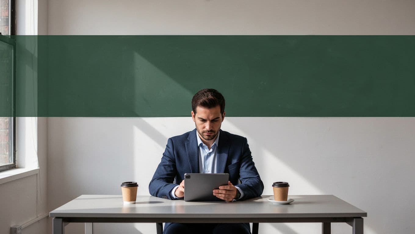 A person sits at a desk with a tablet and coffee beneath an approval controls headline.