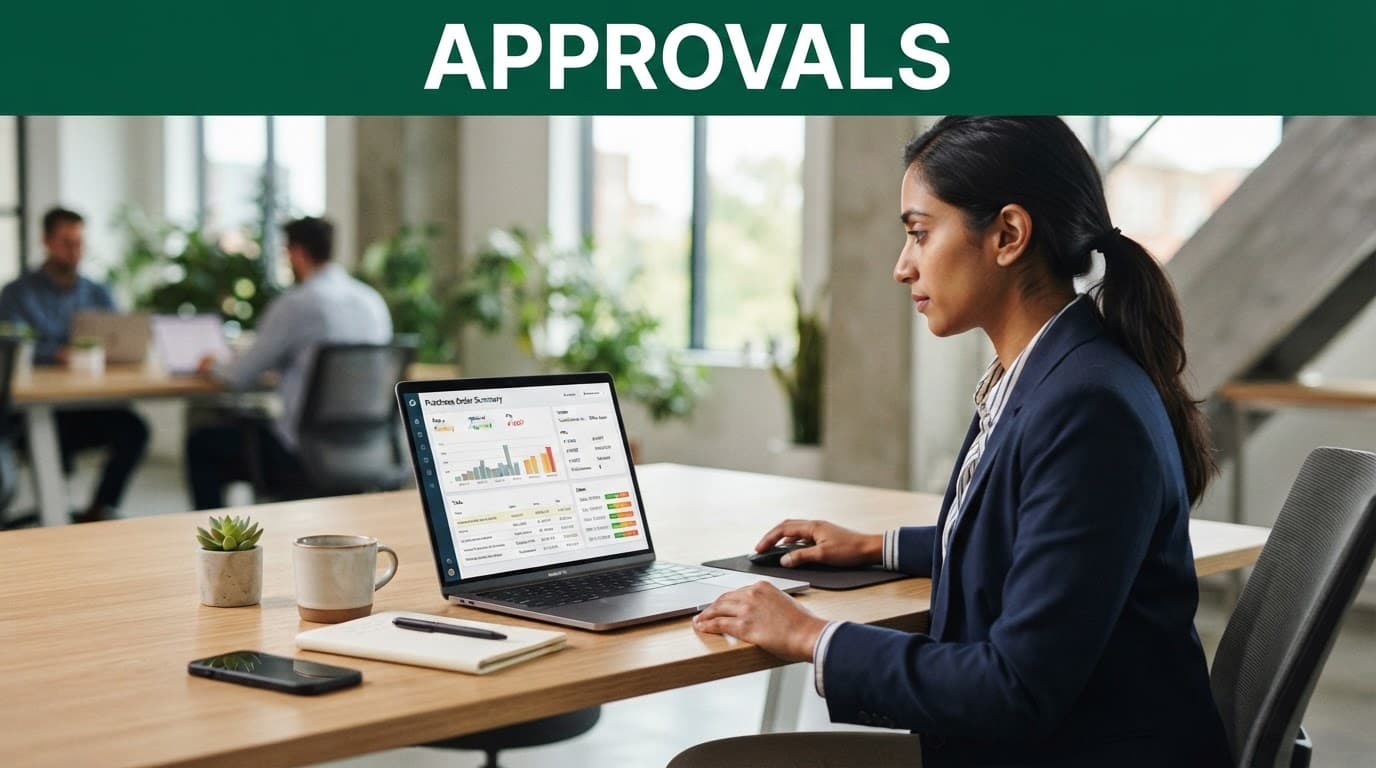 Person at a desk viewing a purchase order dashboard beneath an APPROVALS banner.