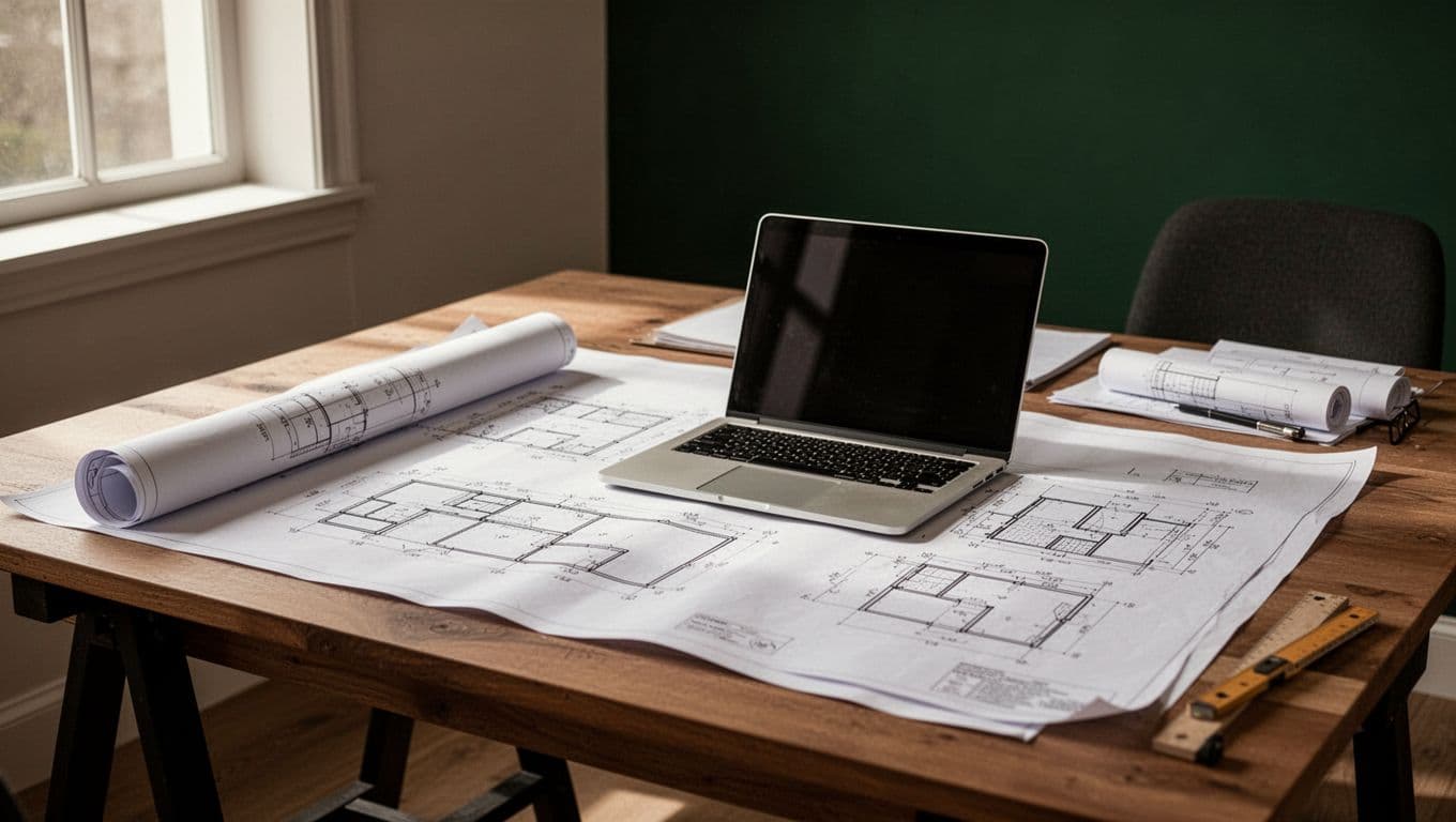 Blueprints and an open laptop sit on an architect's desk in a professional setting.