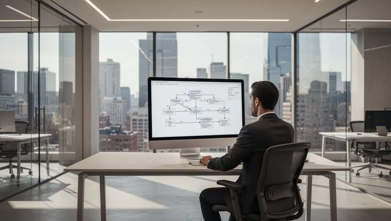 A person views workflow diagrams on a computer in a modern architectural office.