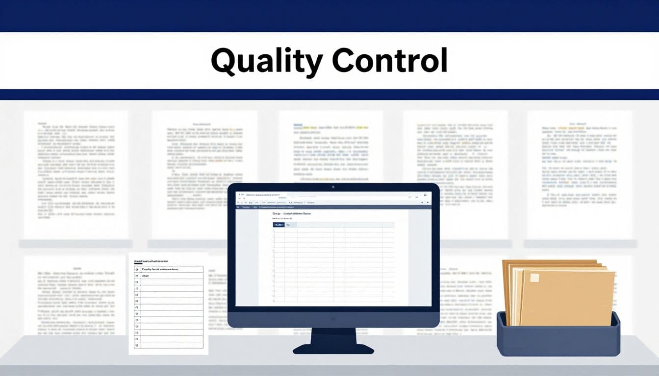 Monitor showing document review beside a checklist and archival folders.