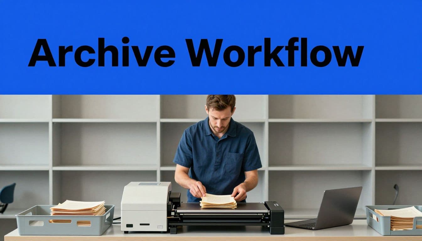 Technician scans historical papers beside a laptop and organized document trays.