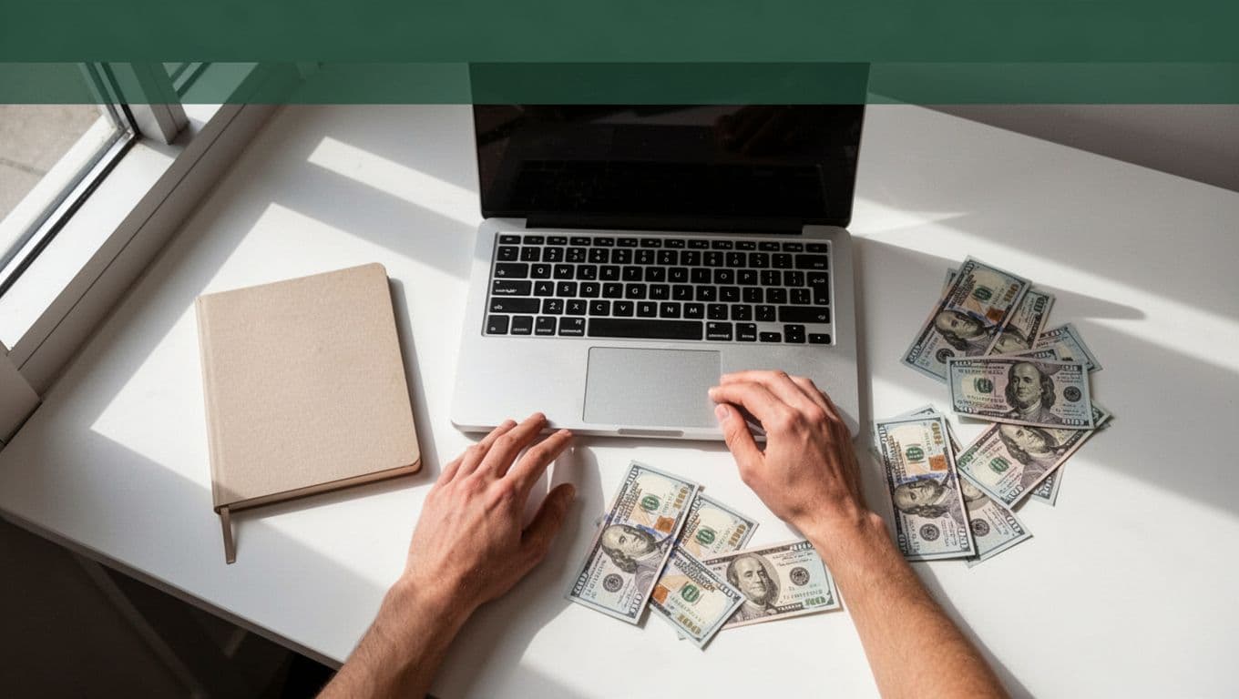 Overhead desk with a laptop, notebook, currency notes, and one person.