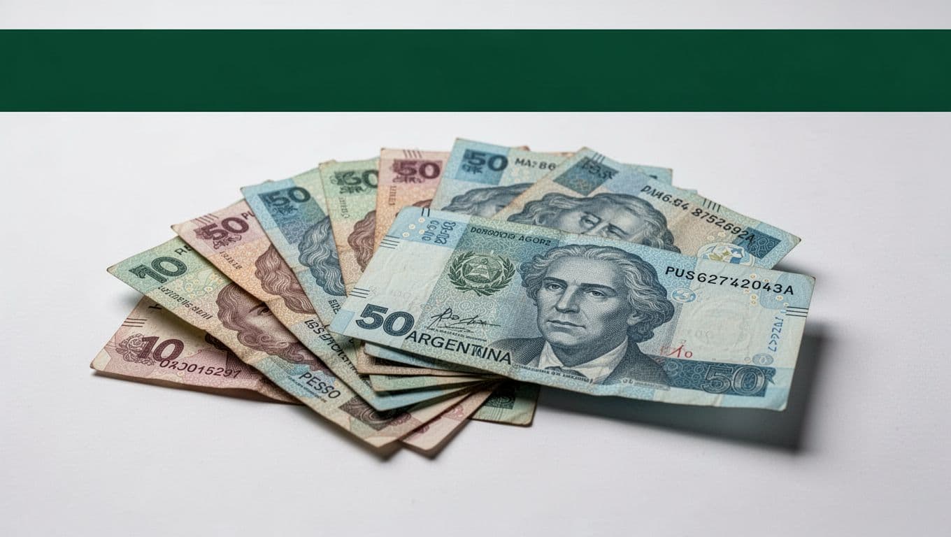 Argentine peso banknotes beneath a dark green CASH PICKUP banner.