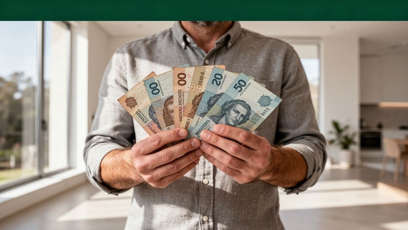 A person holds Argentine cash beneath a green CASH PICKUP banner.