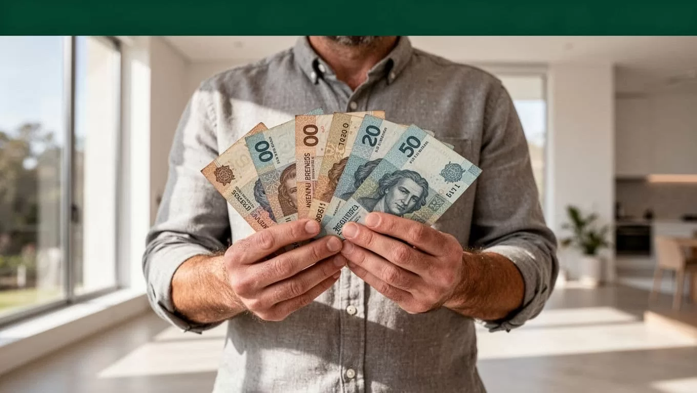 A person holds Argentine cash beneath a green CASH PICKUP banner.