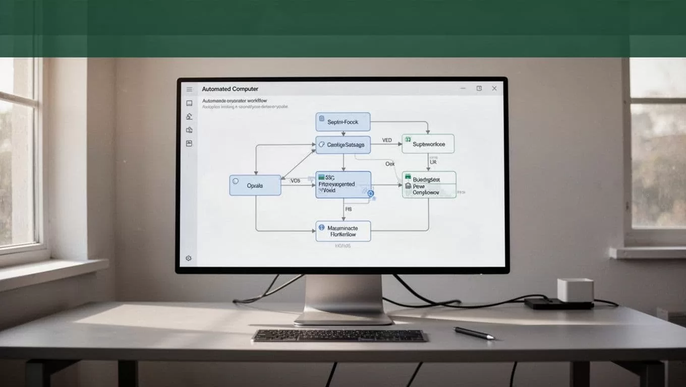 Computer workflow diagram on a modern desk beneath a dark green header band.