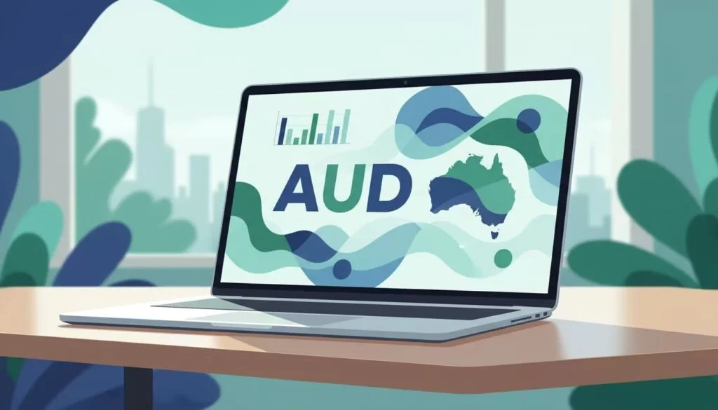 Modern illustration of a laptop on a desk displaying abstract multi-currency balances with a prominent AUD symbol and Australian outline map in the background. Clean shapes, blue and green palette, strong composition, natural lighting, no people, text, logos, or watermarks.