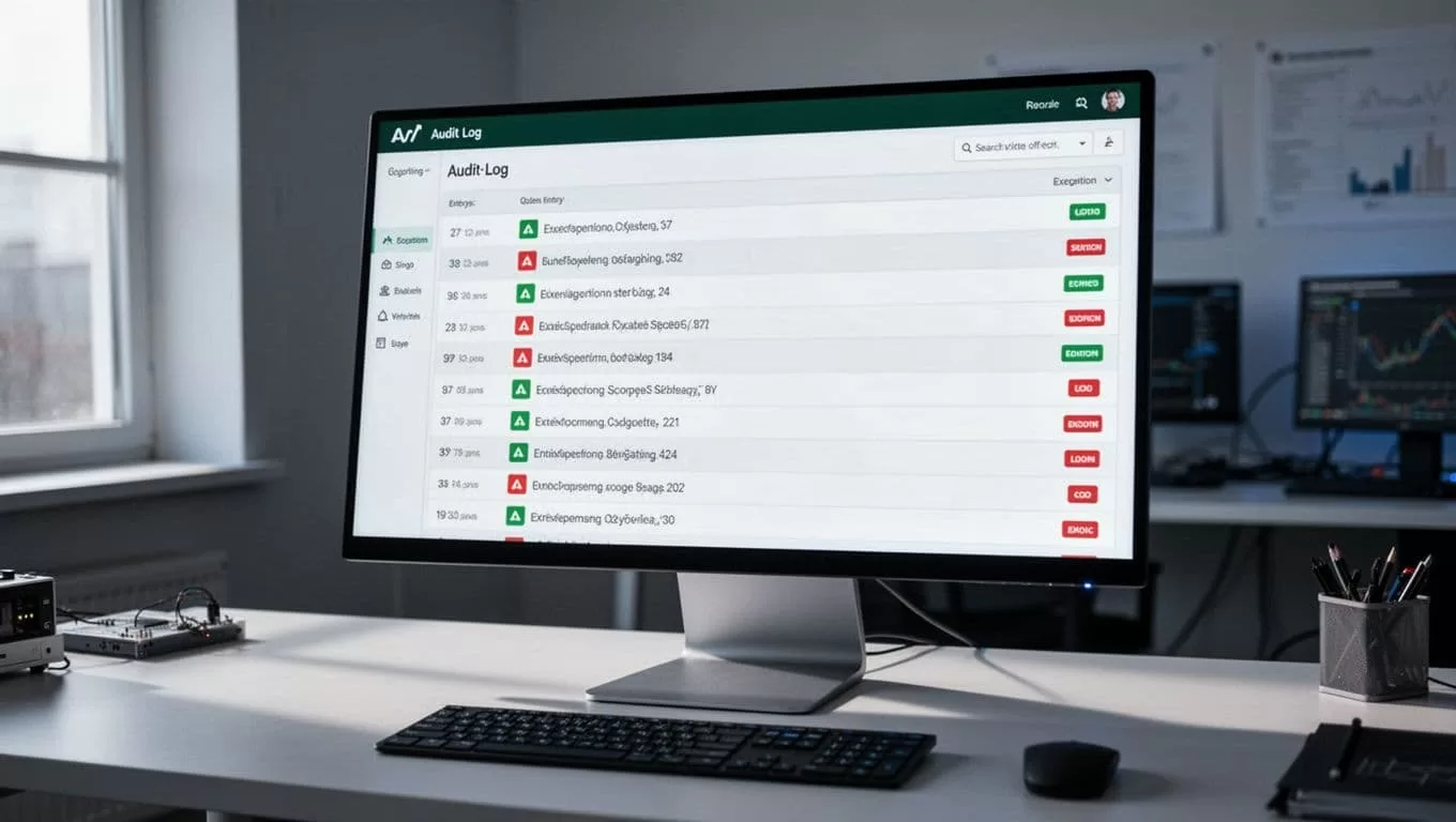 Audit Logs screen showing event records, exceptions, and status panels.
