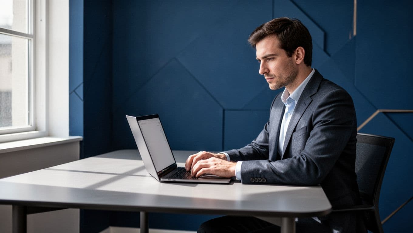 A person works at a laptop beneath an indigo Automata banner.
