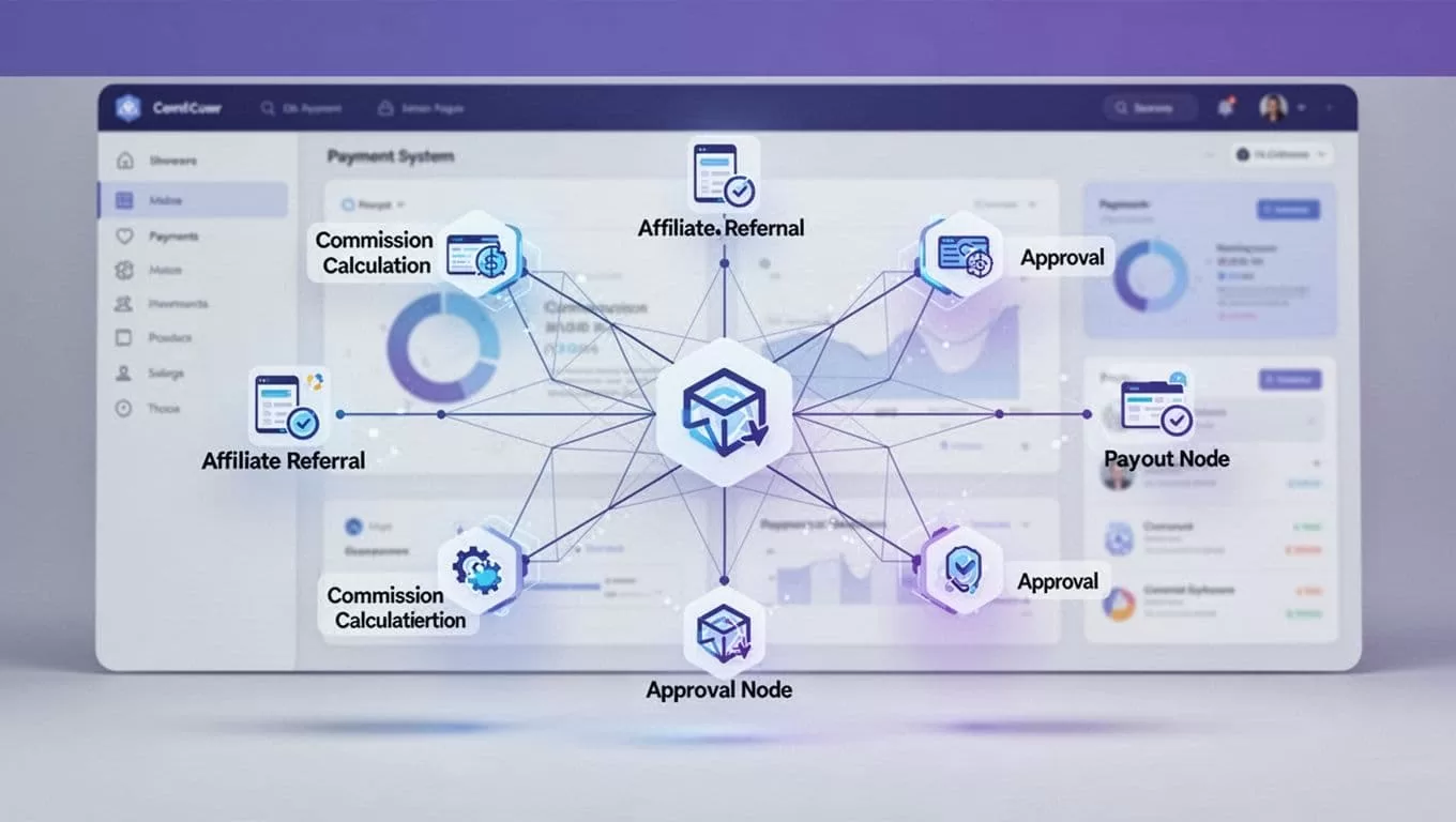 A payment hub connects affiliate referrals, commission reviews, approvals, and payouts.