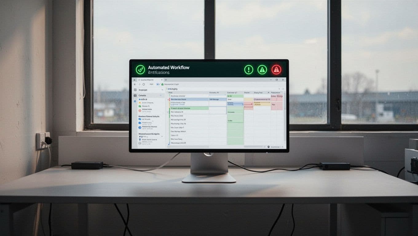 A logistics control room with one monitor and an Automated Alerts headline.