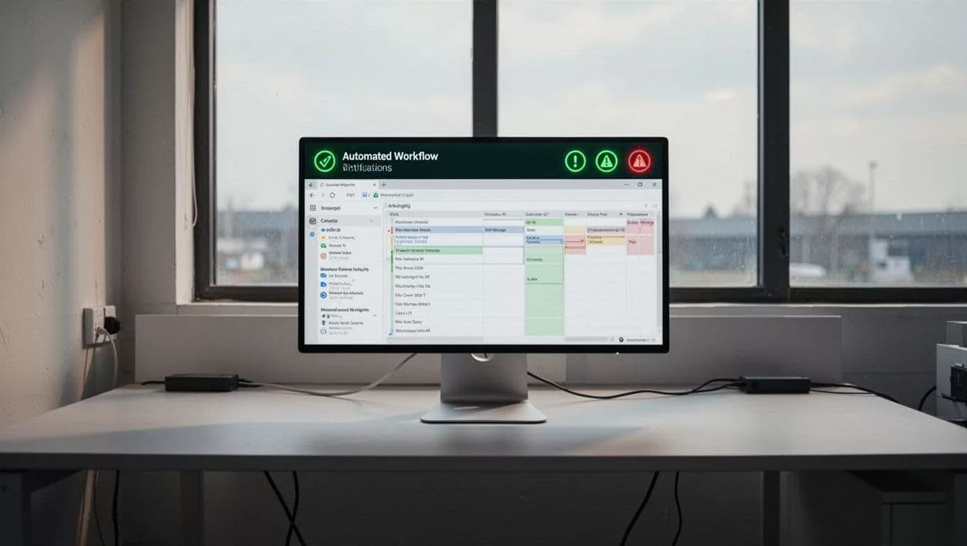 A logistics control room with one monitor and an Automated Alerts headline.