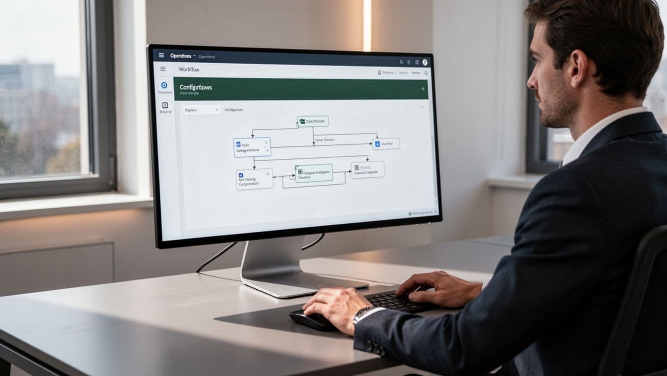 A person reviews a workflow setup dashboard on a desktop monitor.
