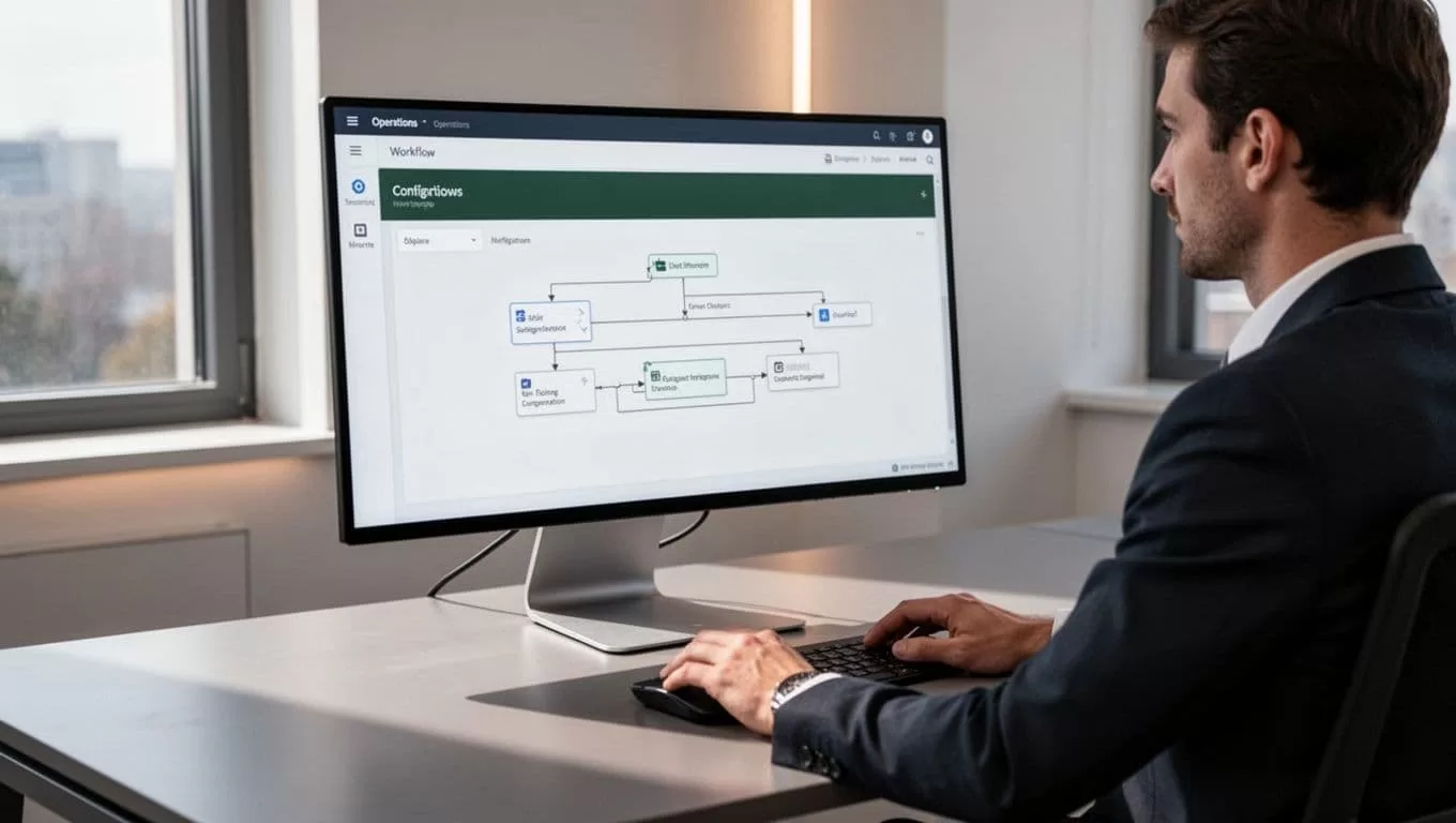 A person reviews a workflow setup dashboard on a desktop monitor.