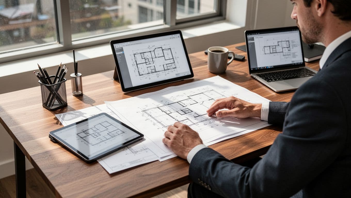 Blueprints and a tablet displaying construction proposals sit on an organized office desk.