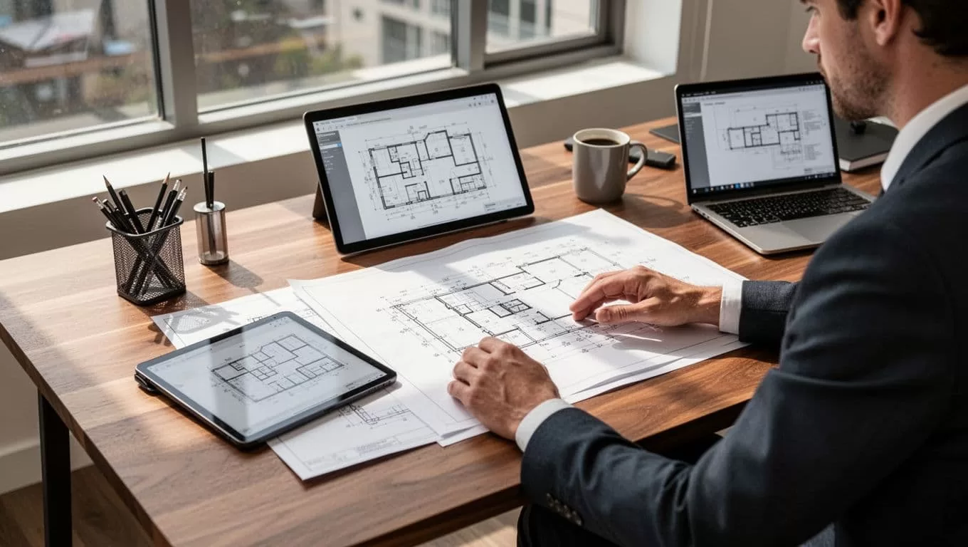 Blueprints and a tablet displaying construction proposals sit on an organized office desk.