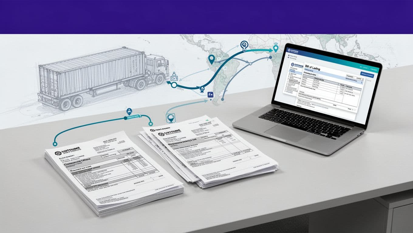 Shipping documents arranged toward an open laptop in an automated customs workflow.