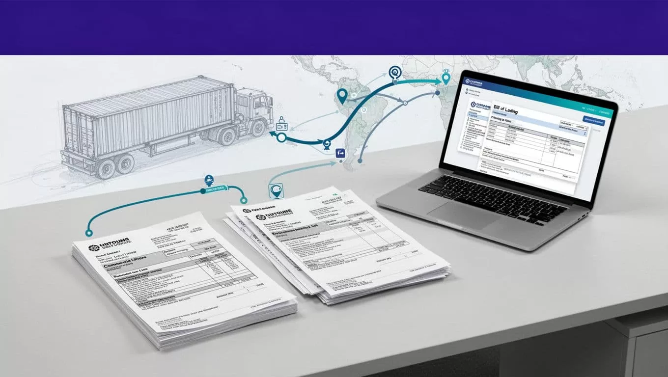 Shipping documents arranged toward an open laptop in an automated customs workflow.