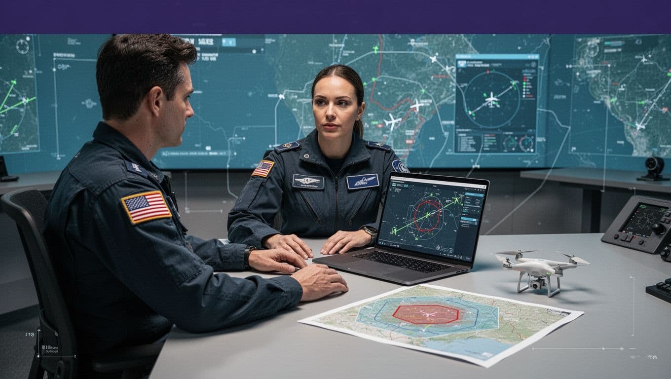 A specialist reviews a drone route that stops before a red restricted area.