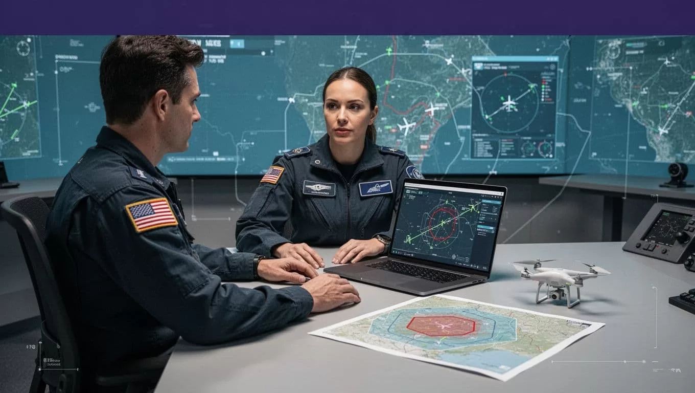 A specialist reviews a drone route that stops before a red restricted area.