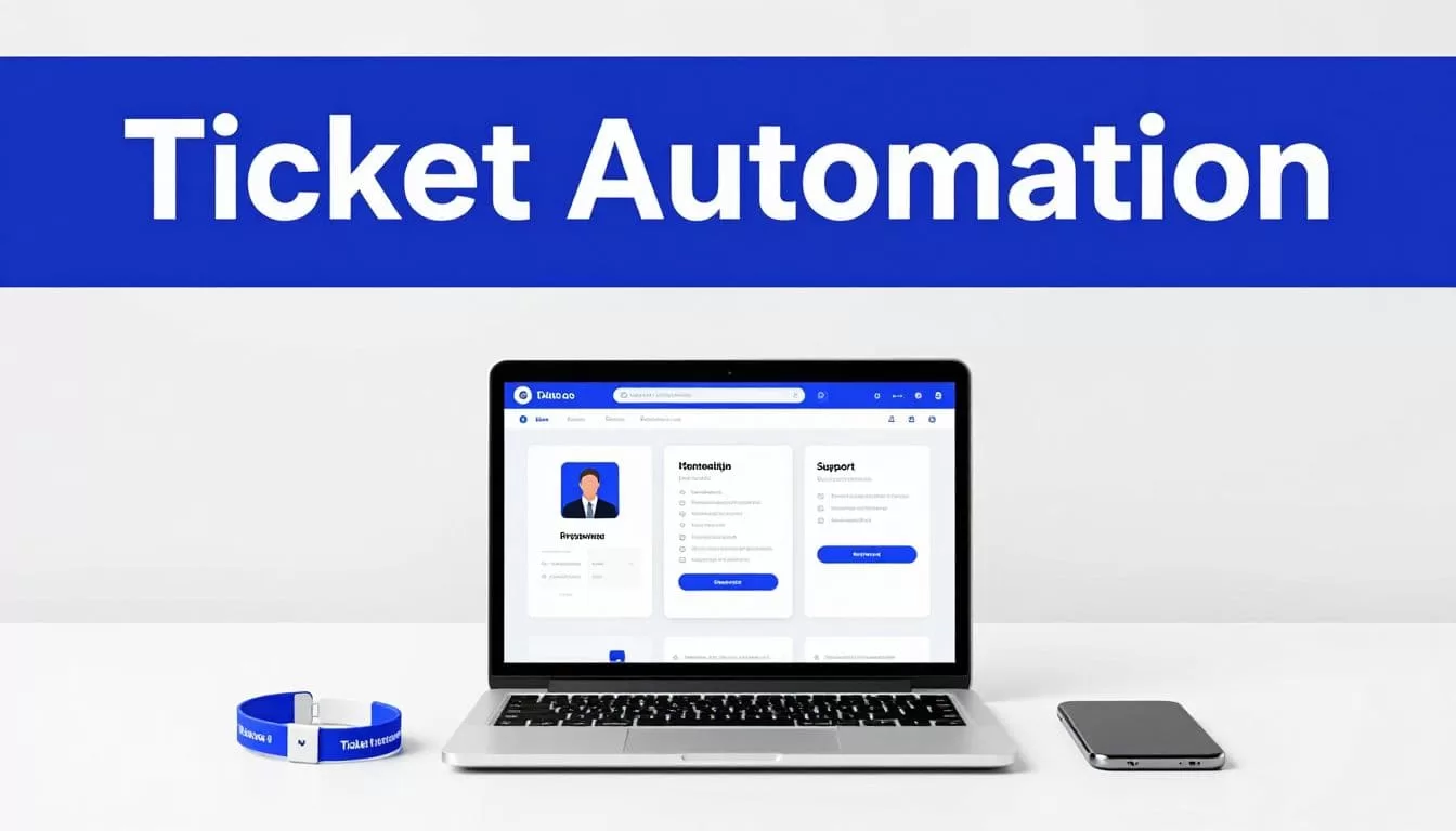 Laptop showing an automated ticket workflow beside wristbands and a phone.