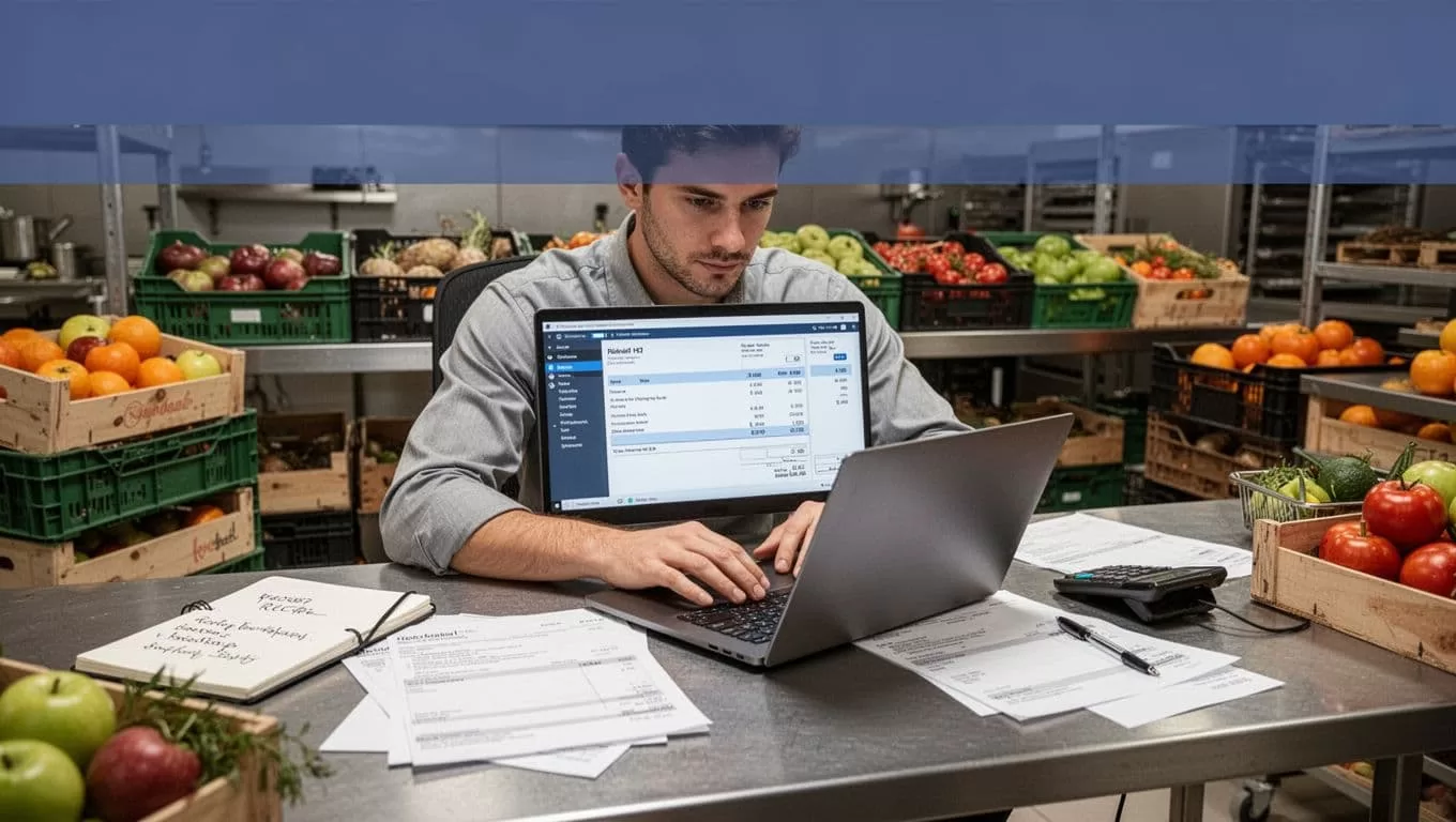 An operator checks ingredient prices on a laptop beside invoices, crates, and a recipe notebook.