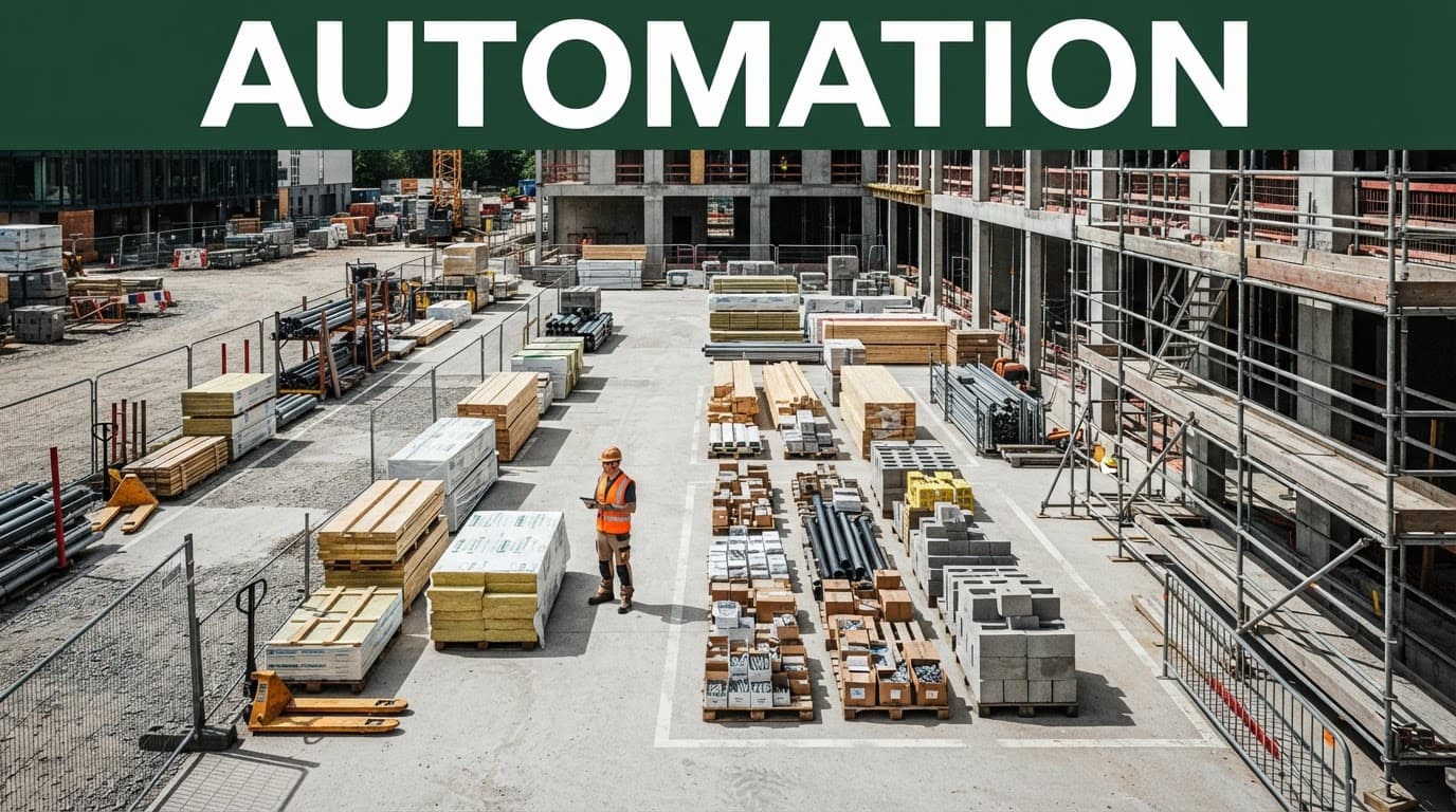 A safety-vested worker stands beside pallets and scaffolding beneath an AUTOMATION banner.