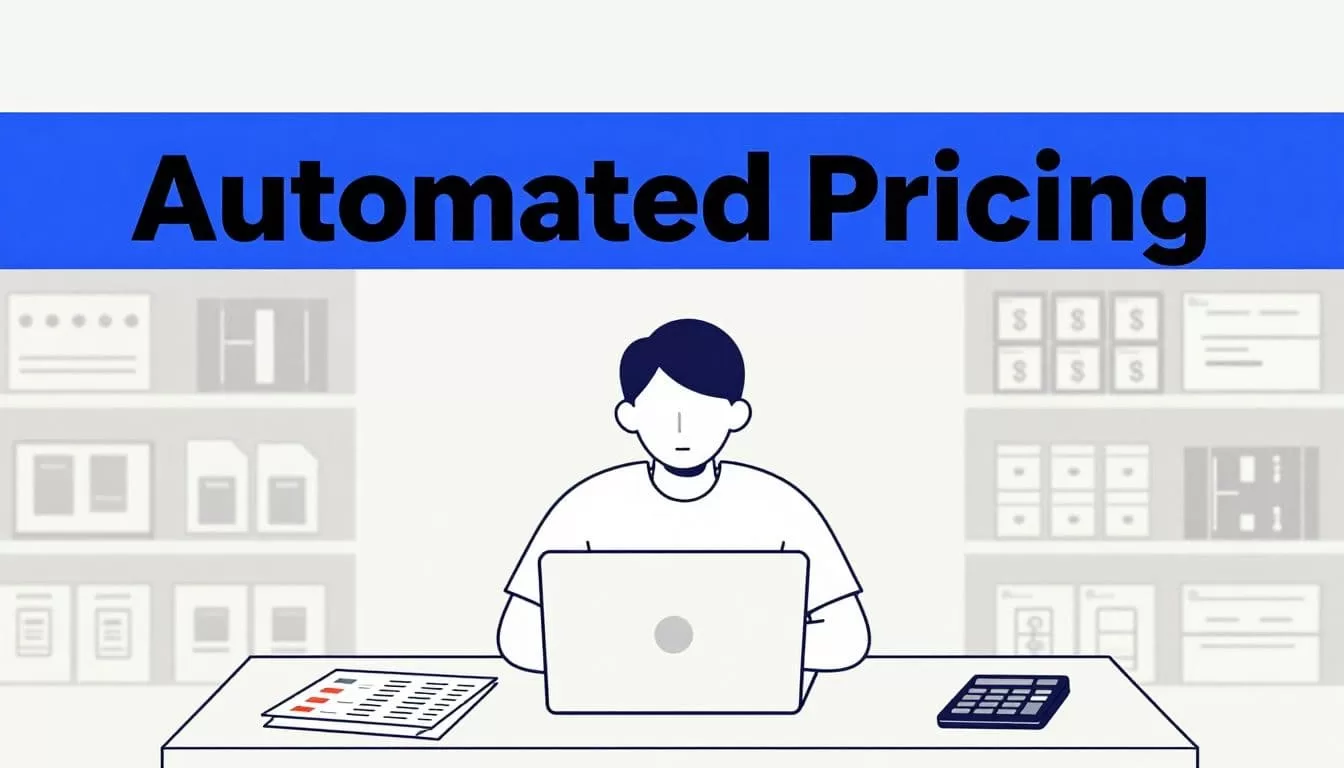 An analyst checks repricing data on a laptop beside product samples and a calculator.