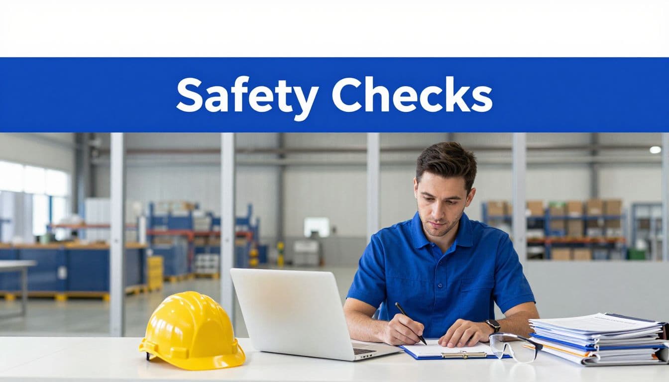 A safety manager reviews a laptop beside safety gear and a compliance binder.