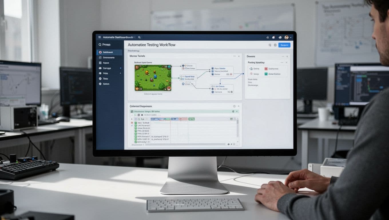 Monitor showing an automated testing dashboard in a QA lab with one person partly visible.