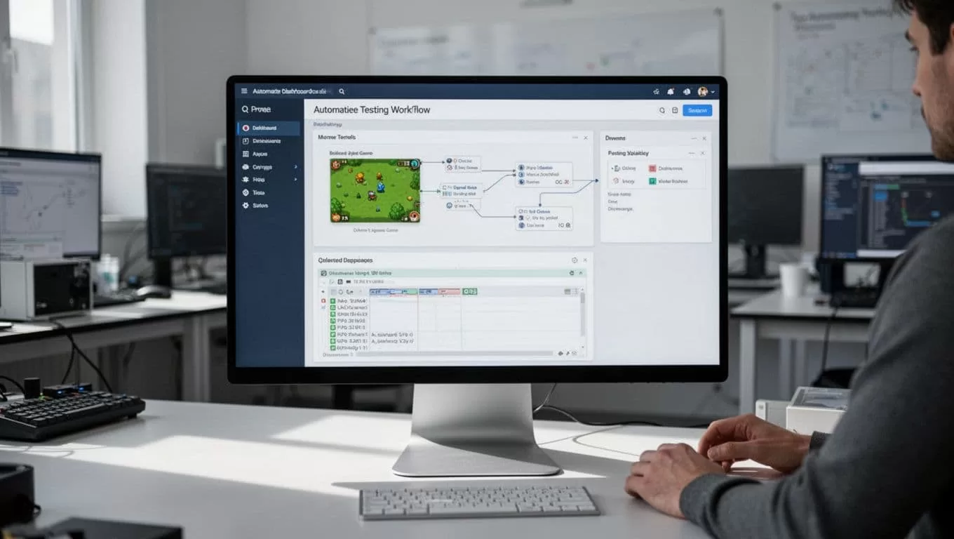 Monitor showing an automated testing dashboard in a QA lab with one person partly visible.