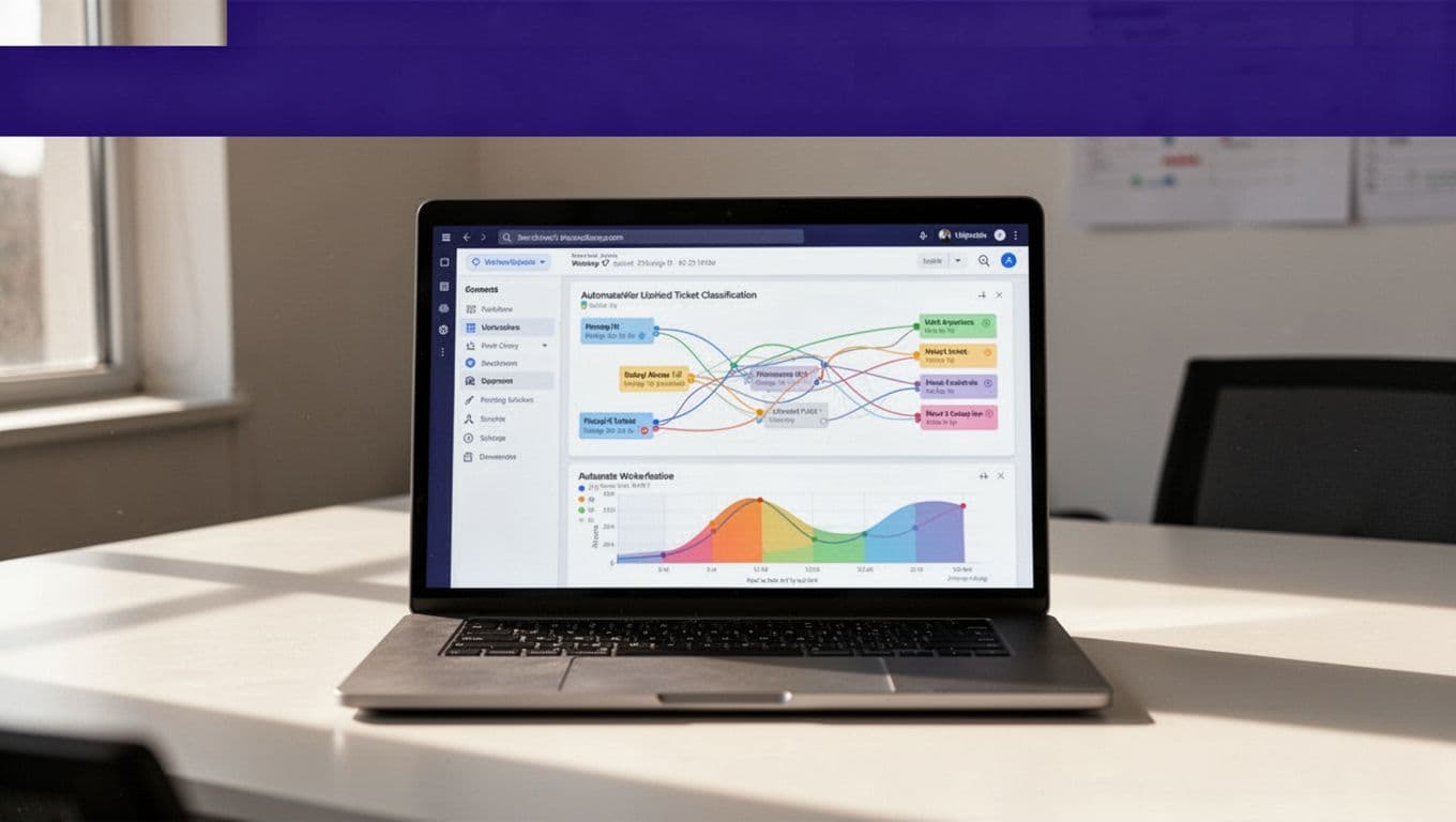 Laptop showing ticket classification graphs beneath an indigo Automate banner.