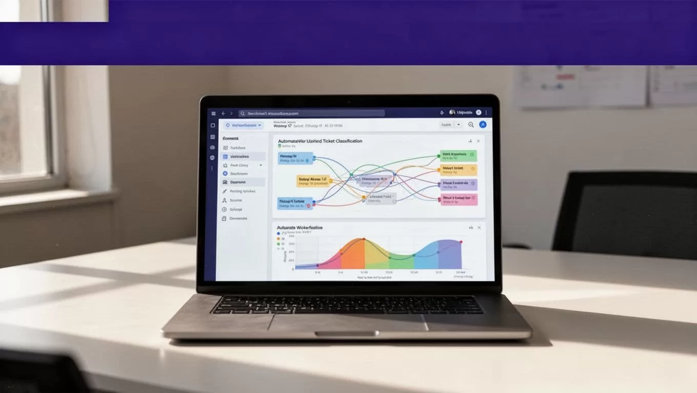 Laptop showing ticket classification graphs beneath an indigo Automate banner.
