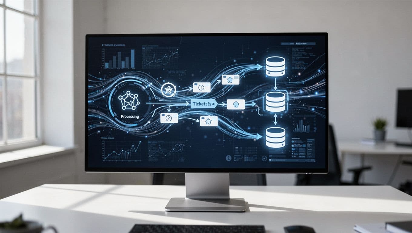 Computer screen showing automated ticket sorting and synced database records in a modern office.