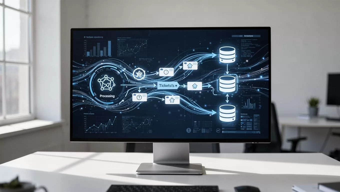 Computer screen showing automated ticket sorting and synced database records in a modern office.