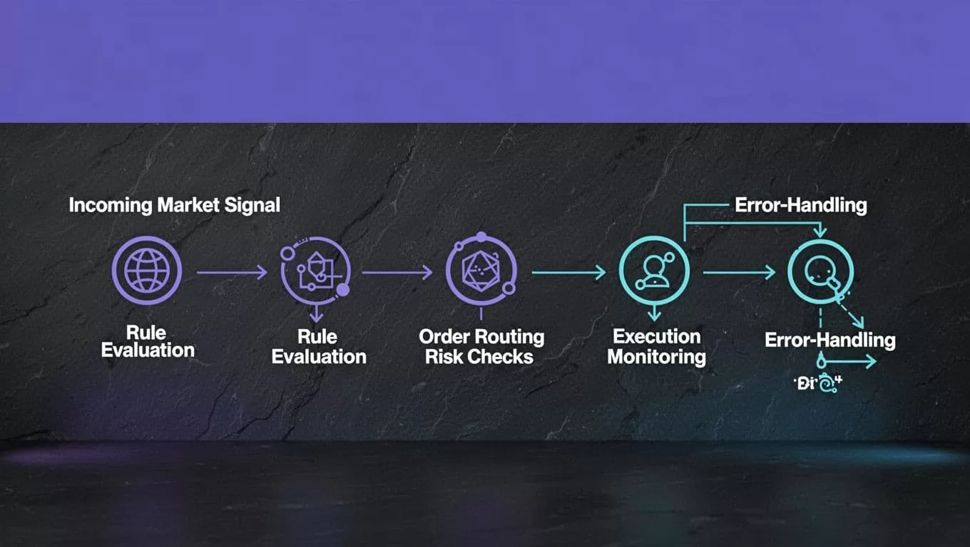 Diagram showing a market signal moving through trade rules, risk checks, routing, monitoring, and error handling.