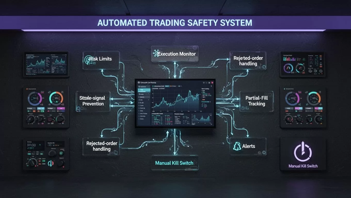 Central trading monitor linked to risk, order, alert, and emergency controls.