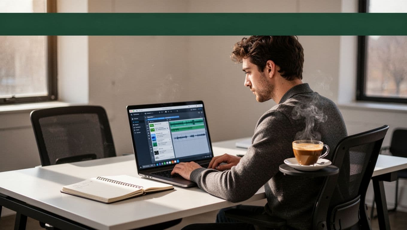 A marketer works beside a laptop dashboard, notebook, and coffee under a green Workflow Setup banner.